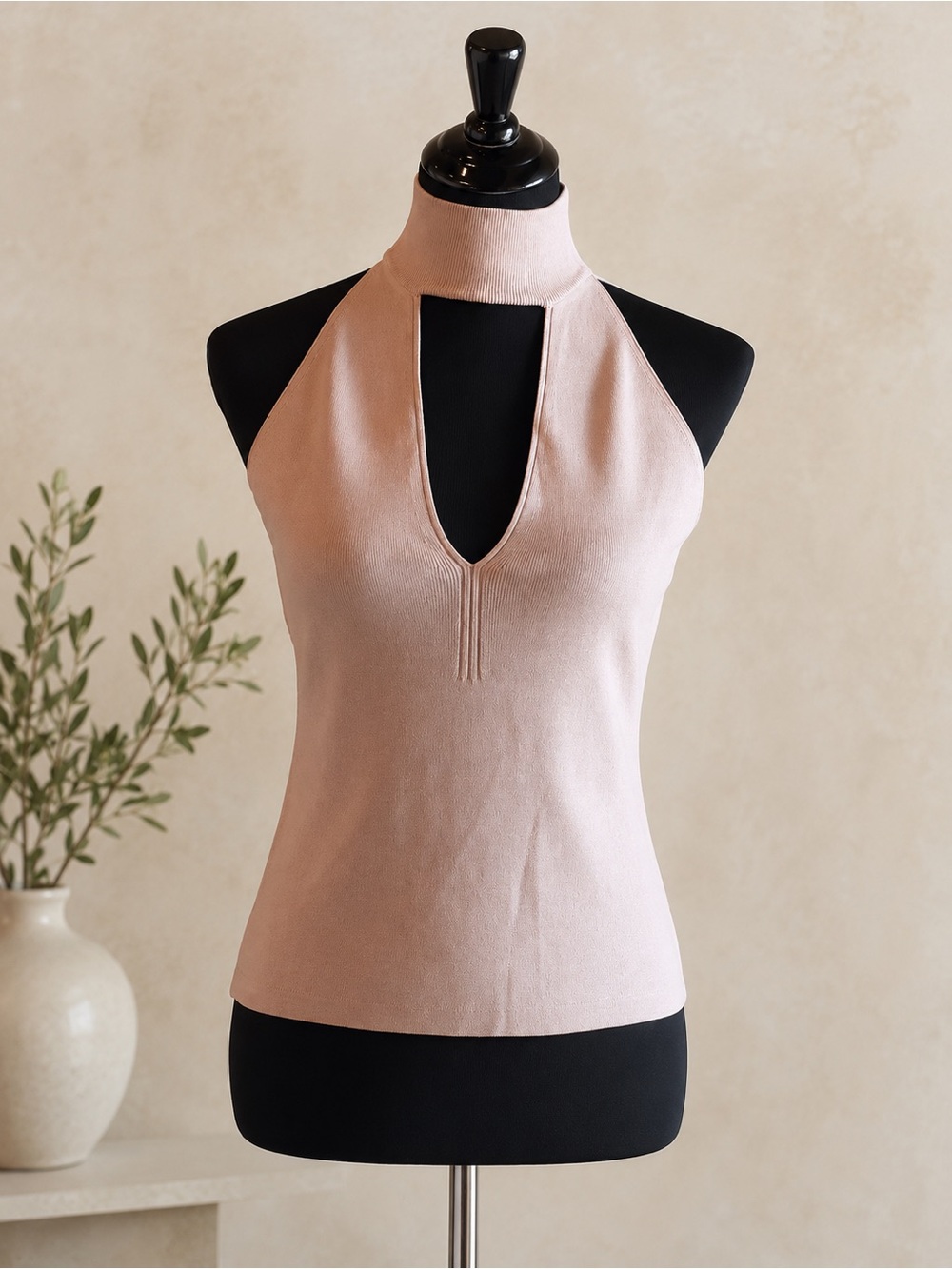 INTERMIX Ribbed Knit Halter Top in Soft Taupe